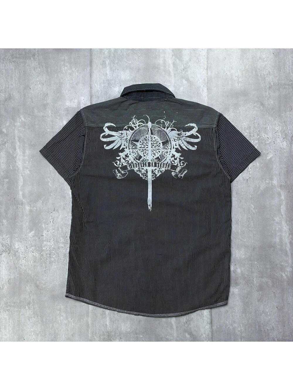 Y2K Grey Black Back Grunge Gothic Pinstripe Skater Button Up Shirt
